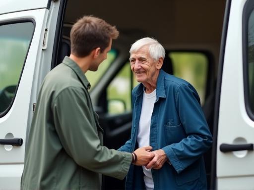 Friendly driver assisting a senior passenger into a vehicle.