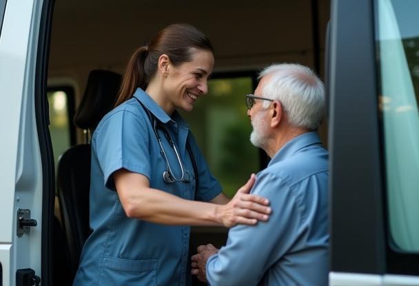 Professional driver assisting a passenger into a comfortable medical transport vehicle.